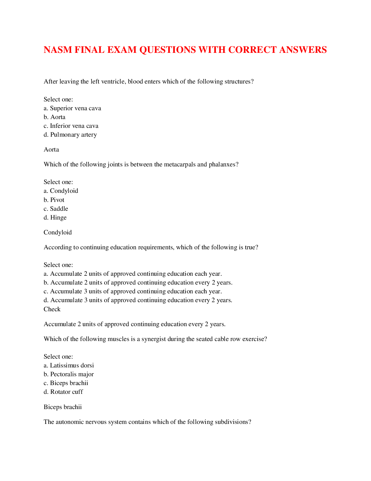 NASM FINAL EXAM QUESTIONS WITH CORRECT ANSWERS Browsegrades